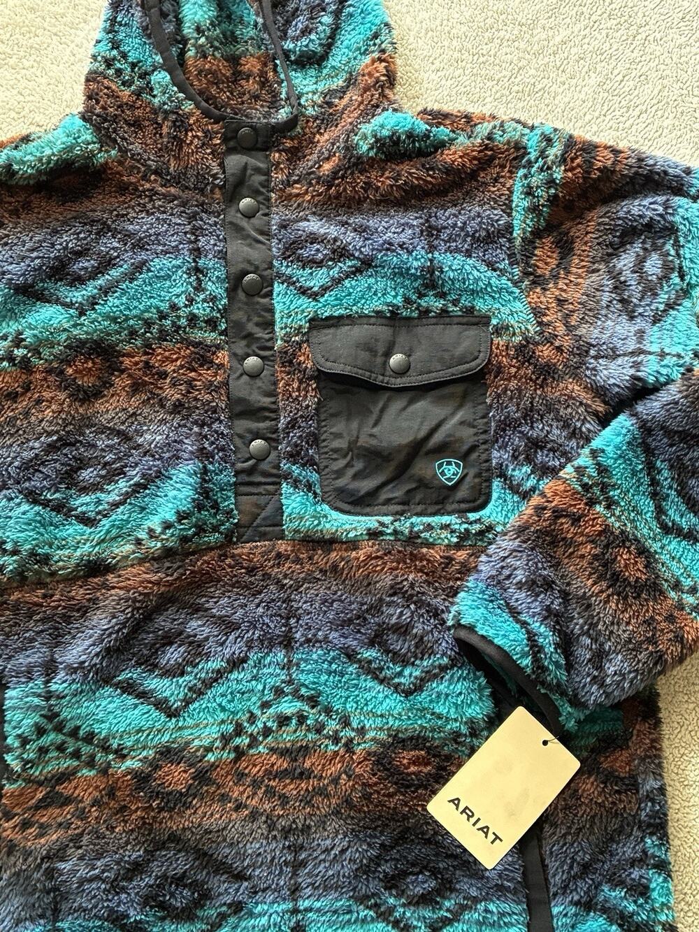 NWT Ariat Men's Small Polar Bear Fleece Hoodie Enamel Blue Serape